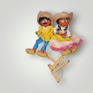 Vintage Mexican Marionette Puppets Pair Boy And Girl Mexico Cowboy Puppet